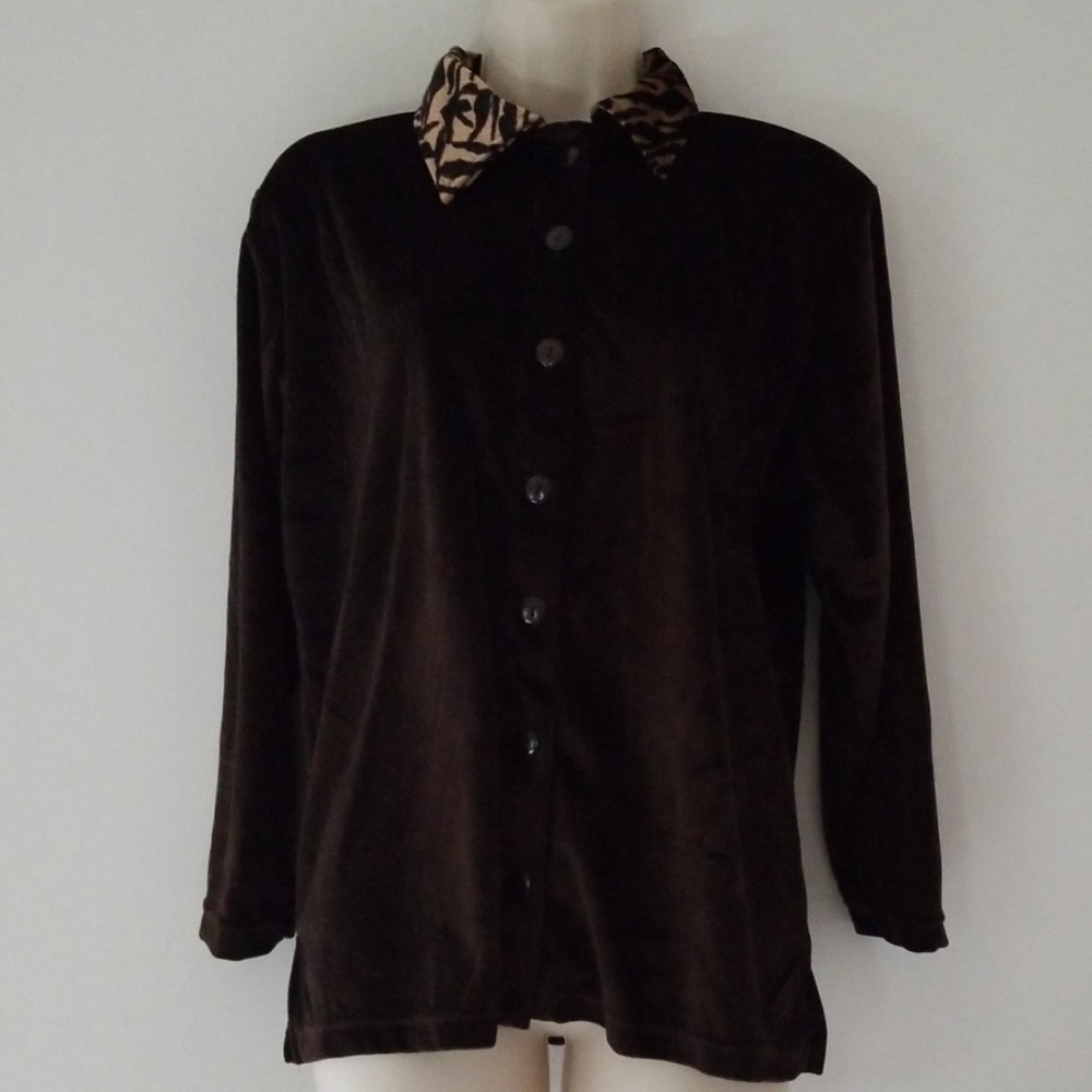 Reference Point Petites Brown Tiger Velour Shirt